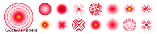 Pain localization marks. Painful area, aching spot. Red circles, targets. Headache, bruised body part marker. Back, neck, muscle pain symbol. Healthcare ad, medical information. Vector illustration.