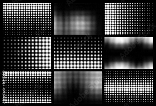 Halftone design elements with white dots on black background. Comic dotted pattern. Vector illustration.