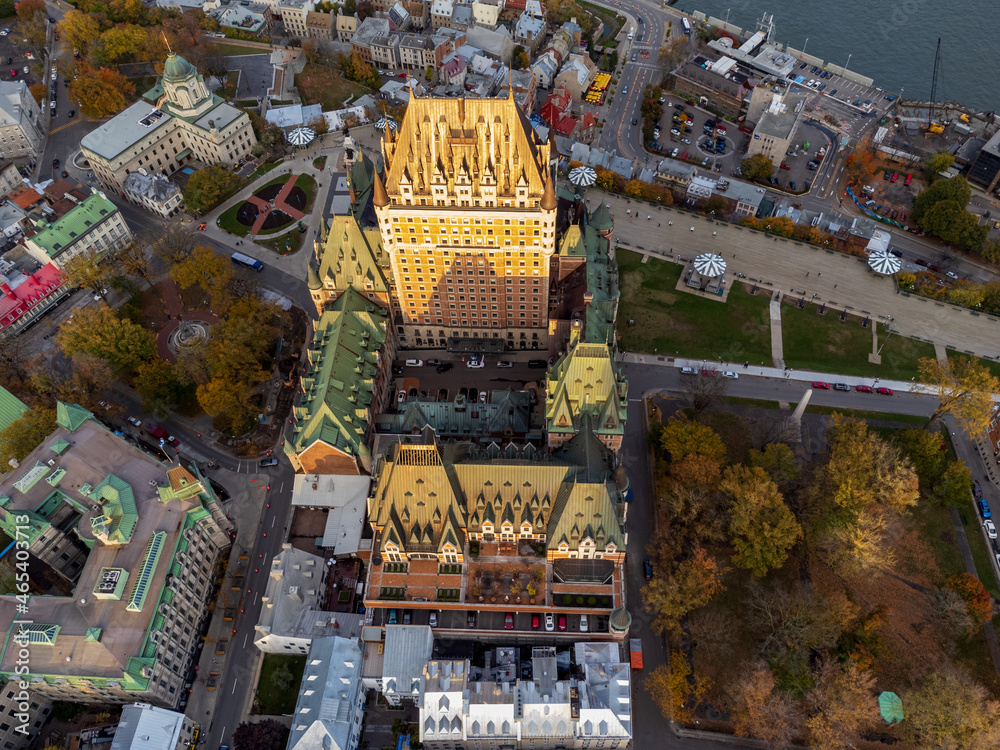 Aerial view of Quebec City Old Town in the fall season sunset time.