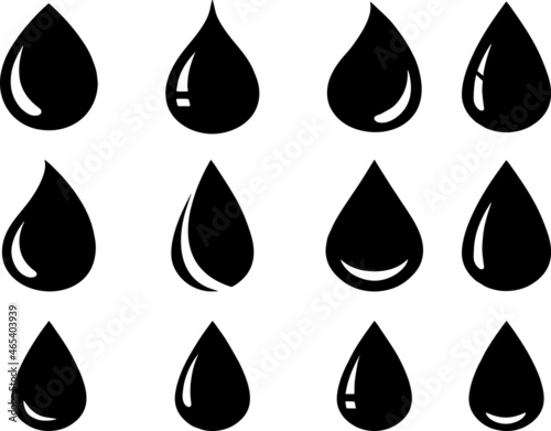 Water drop shape. Water or oil drop set Flat style. world water day. Water drops icon. Black water drops icons