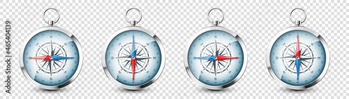 Realistic silver vintage compass with marine wind rose and cardinal directions of North, East, South, West. Shiny metal navigational compass. Cartography and navigation. Vector illustration.