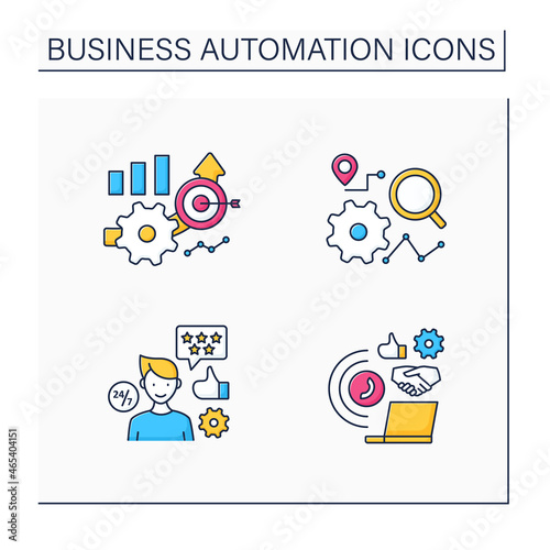 Business automation color icons set. Customer service, accuracy improved, tracking process, technology integration. Business optimization concept.Isolated vector illustrations © Antstudio