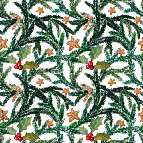Seamless pattern with traditional christmas and new year decorations, ginger bread, wreath, garlands and stripes. Hand painted watercolor illustration for interior textile, wrapping paper and clothes
