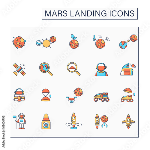 Mars landing color icons set. Uninhabited planet. Researching sample. Exploring New Planet. Cosmos concept.Isolated vector illustrations
