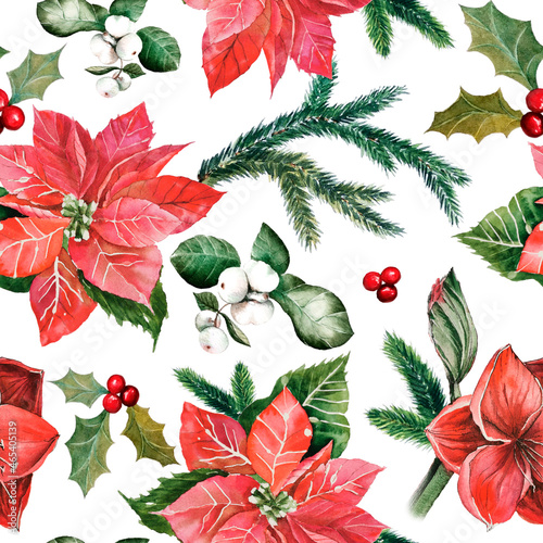 Seamless pattern with hand painted watercolor Christmas elements isolated on craft brown background. Poinsettia, snow berries, spruce branches, holly leaves and berries for interior textile design