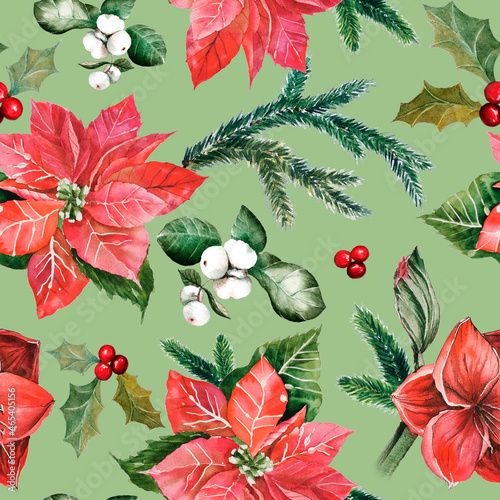 Christmas seamless pattern with red poinsettia flowers, holly leaves, snow berries, spruce branches isolated on green background. Hand painted watercolor sketch for New year and home textile design