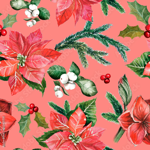 Christmas pink seamless pattern with red poinsettia, holly and snow bessies, spruce branches. For wrapping paper, greeting cards, interior textile, tablecloth, napkin, pillows, decorations