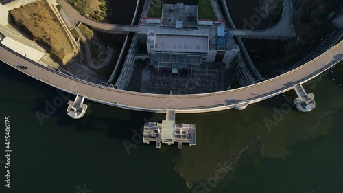 Alqueva dam in Portugal. Aerial reverse tilt up reveal photo
