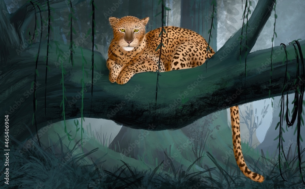 Leopard. Rainforest, jungle. Watercolor illustration forest. Interior ...