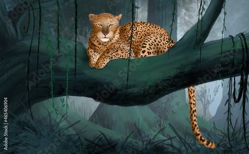 Leopard. Rainforest, jungle. Watercolor illustration forest. Interior Wallpaper. Mural for the walls, fresco for the room, interior.