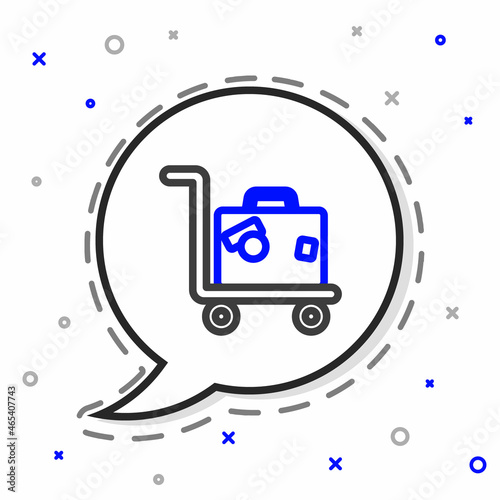 Line Hotel luggage cart with suitcase icon isolated on white background. Traveling baggage sign. Travel luggage icon. Colorful outline concept. Vector