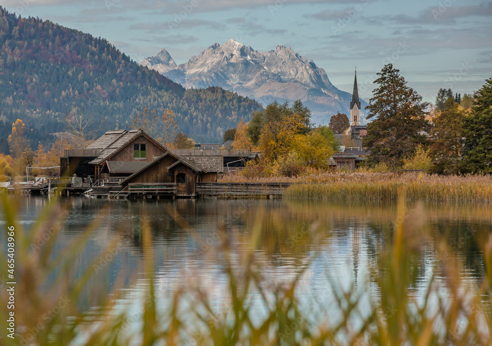 Fototapeta premium view of the Lienz Dolomites mountains from the White Lake (in German Weissensee)