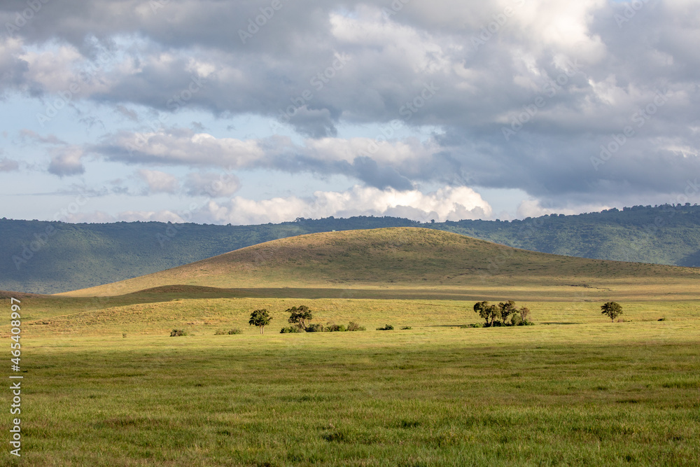 A Cloudy Day Over the Savannah and Hilly Grasslands of Ngorongoro Crater, Tanzania, Africa