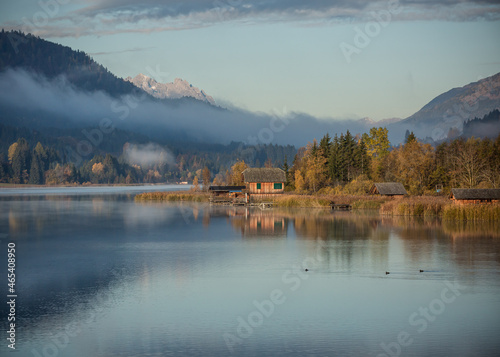 view of the Lienz Dolomites mountains from the White Lake (in German Weissensee)
