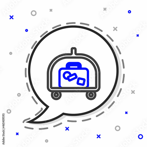 Line Hotel luggage cart with suitcase icon isolated on white background. Traveling baggage sign. Travel luggage icon. Colorful outline concept. Vector