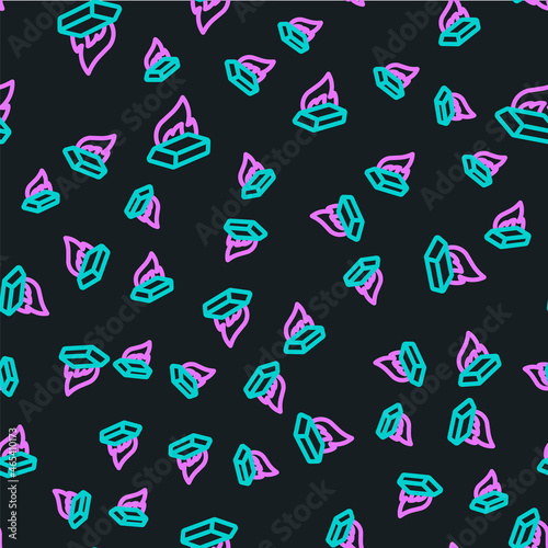 Line Molten gold being poured icon isolated seamless pattern on black background. Molten metal poured from ladle. Vector
