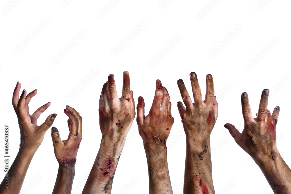 Hands of zombies on white background