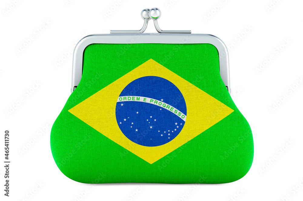 Fototapeta premium Coin purse with Brazilian flag. Budget, investment or financial, banking concept in Brazil. 3D rendering