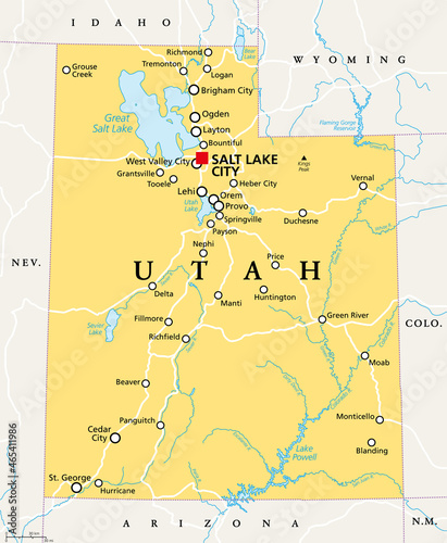 Utah, UT, political map, with the capital Salt Lake City. State in the Mountain West subregion of the Western United States of America, nicknamed Beehive State, The Mormon State, and Deseret. Vector.