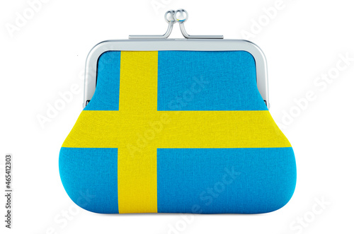 Coin purse with Swedish flag. Budget, investment or financial, banking concept in Sweden. 3D rendering photo