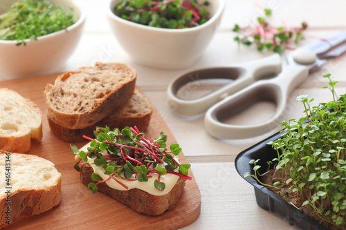 Toasts with microgreens on the table. Preparing breakfast at home. Healthy food, vegan food and dieting concept