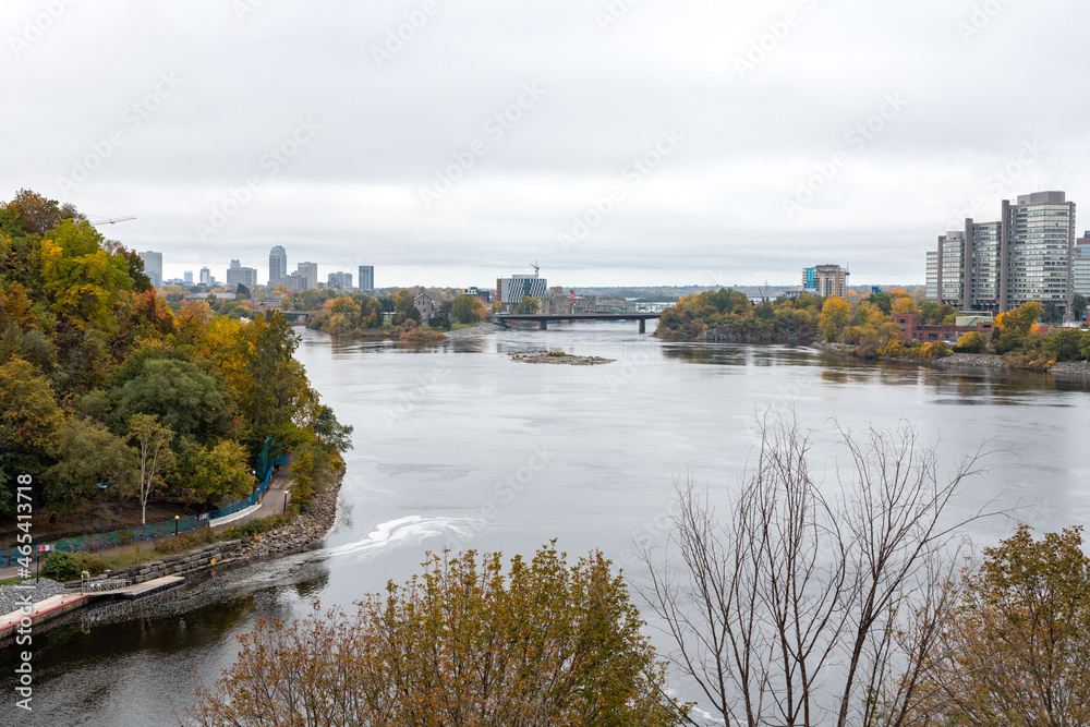 Panoramic view of Ottawa River and Gatineau city of Quebec in Canada from Major's Hill Park in autumn