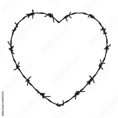 Wire barb heart shape vector border. Jail fence heart frame love prison barbwire