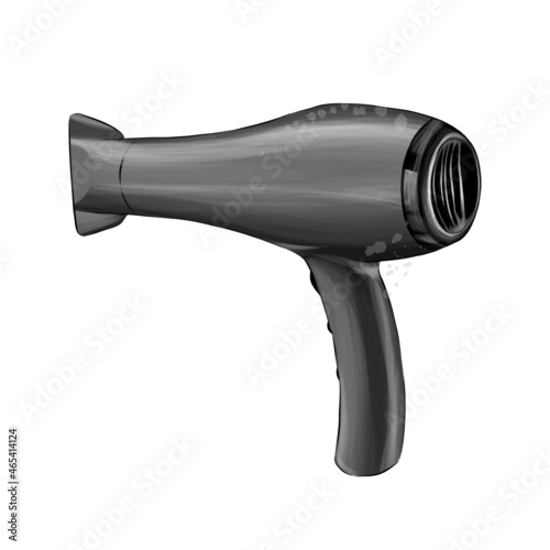 Hair dryer from multicolored paints. Splash of watercolor, colored drawing, realistic. Vector illustration of paints