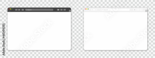 Empty browser window on transparent background. Empty web page mockup with toolbar. Vector illustration