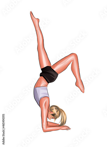 Beautiful young woman is engaged in yoga or Pilates, doing exercises from multicolored paints