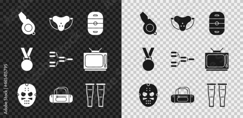 Set Whistle, Protective sport jockstrap, Ice hockey rink, Hockey mask, Sport bag, Crutch crutches, Medal and Championship tournament bracket icon. Vector