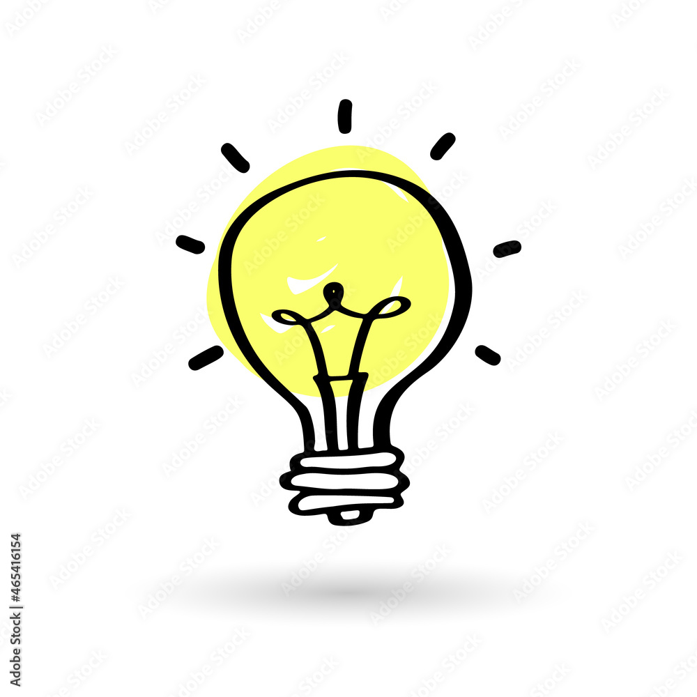 Lght bulb ON - hand drawn icon. Symbol of idea. Lamp sketch. Lightbulb doodle vector illustration. Lght bulb ON - hand drawn icon. Symbol of idea. Lamp sketch. Lightbulb doodle vector illustration.