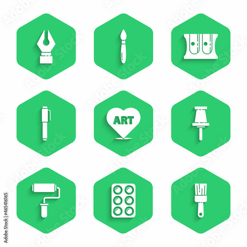 Set Heart with text art, Watercolor paints in box, Paint brush, Push pin, roller, Pen, Pencil sharpener and Fountain nib icon. Vector