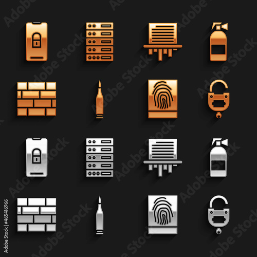 Set Bullet, Fire extinguisher, Lock and key, Fingerprint, Bricks, Paper shredder, Mobile with closed padlock and Server, Data, Web Hosting icon. Vector