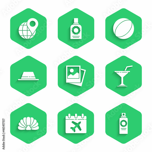 Set Photo, Calendar and airplane, Sunscreen spray bottle, Martini glass, Scallop sea shell, Man hat with ribbon, Beach ball and Location the globe icon. Vector