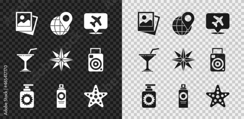 Set Photo, Location on the globe, Speech bubble with airplane, Sunscreen spray bottle, Starfish, Martini glass and Wind rose icon. Vector