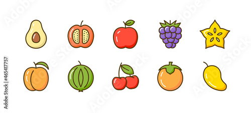 Vector fruit icon set pictogram. Cherry peach avocado mango illustration
