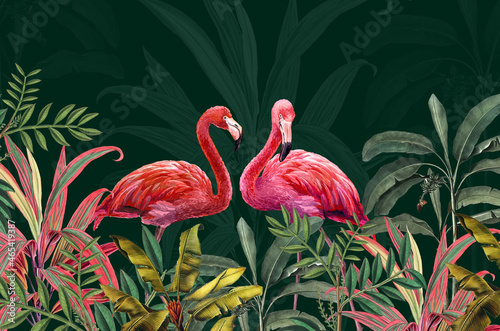 Tropical Leaf Mural. Photo Wallpaper. Wall Art decor for Bedroom Murals Wall Paper. Drawing with tropical leaves and pink flamingos.