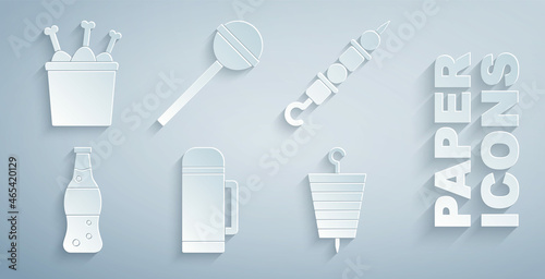 Set Thermos container, Grilled shish kebab, Bottle of water, Lollipop and Chicken leg package box icon. Vector