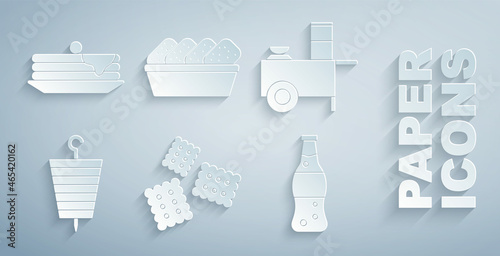 Set Cracker biscuit, Fast street food cart, Grilled shish kebab, Bottle of water, Chicken nuggets in box and Stack pancakes icon. Vector