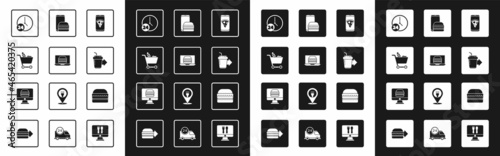 Set Food ordering pizza, Online burger delivery, Shopping cart and food, Clock 24 hours, Coffee cup to go, Burger and icon. Vector
