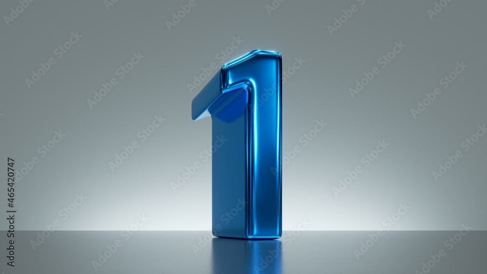 3d render, number one, blue glossy metallic symbol. The first place