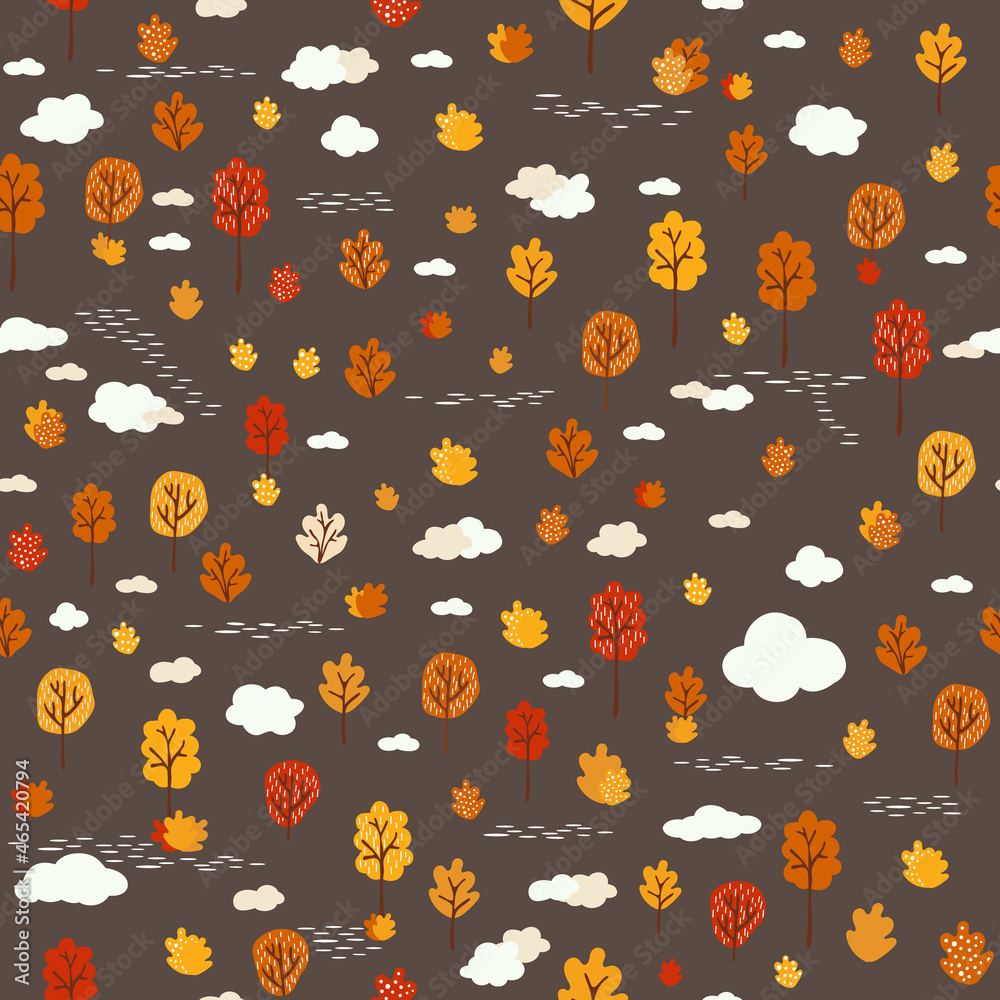 colorfull autumn trees and cloud - seamless pattern on white background. For printing baby textile, gift wrapping, paper, notepad, scrapbooking.