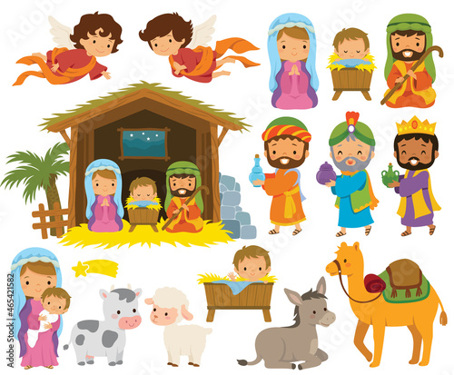 Foto Nativity scene clipart set with cartoon baby Jesus, Mary, Joseph and the three wise men in Bethlehem