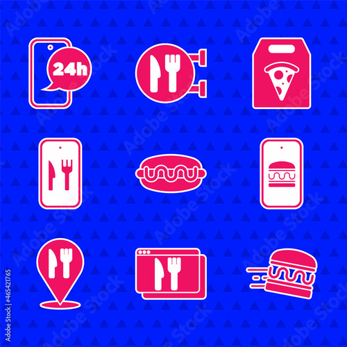 Set Hotdog sandwich, Online ordering delivery, burger, Cafe restaurant location, pizza and Food icon. Vector