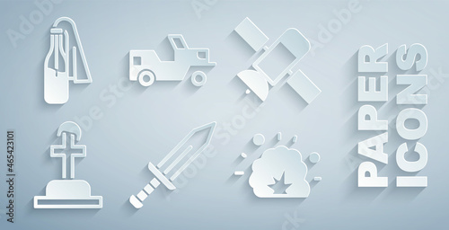 Set Sword, Satellite, Soldier grave, Bomb explosion, Military jeep and Cocktail molotov icon. Vector