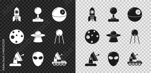 Set Rocket ship, Joystick, Death star, Satellite dish, Alien, Mars rover, Planet and UFO flying spaceship icon. Vector