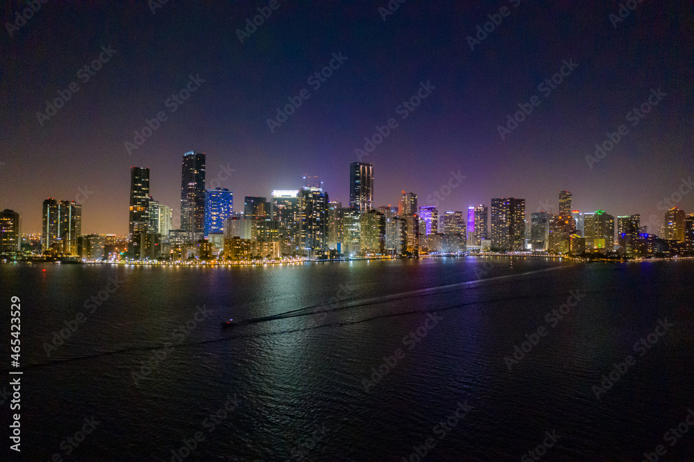 downtown miami skyline taken from an aerial drone at night