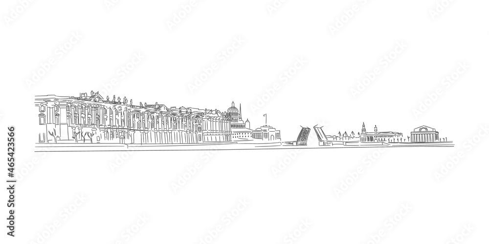Hermitage and bridge. The attraction of Saint Petersburg. Vector graphics panorama.
