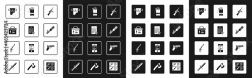 Set Tommy gun, Firearms license certificate, Military ammunition box, Gun in holster, Anti-tank hand grenade, Hand smoke, Pistol or and Revolver icon. Vector
